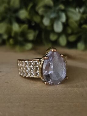 S925 Silver, 14K Gold Plated Band Inlaid Pear Shaped Zircon Cocktail Ring